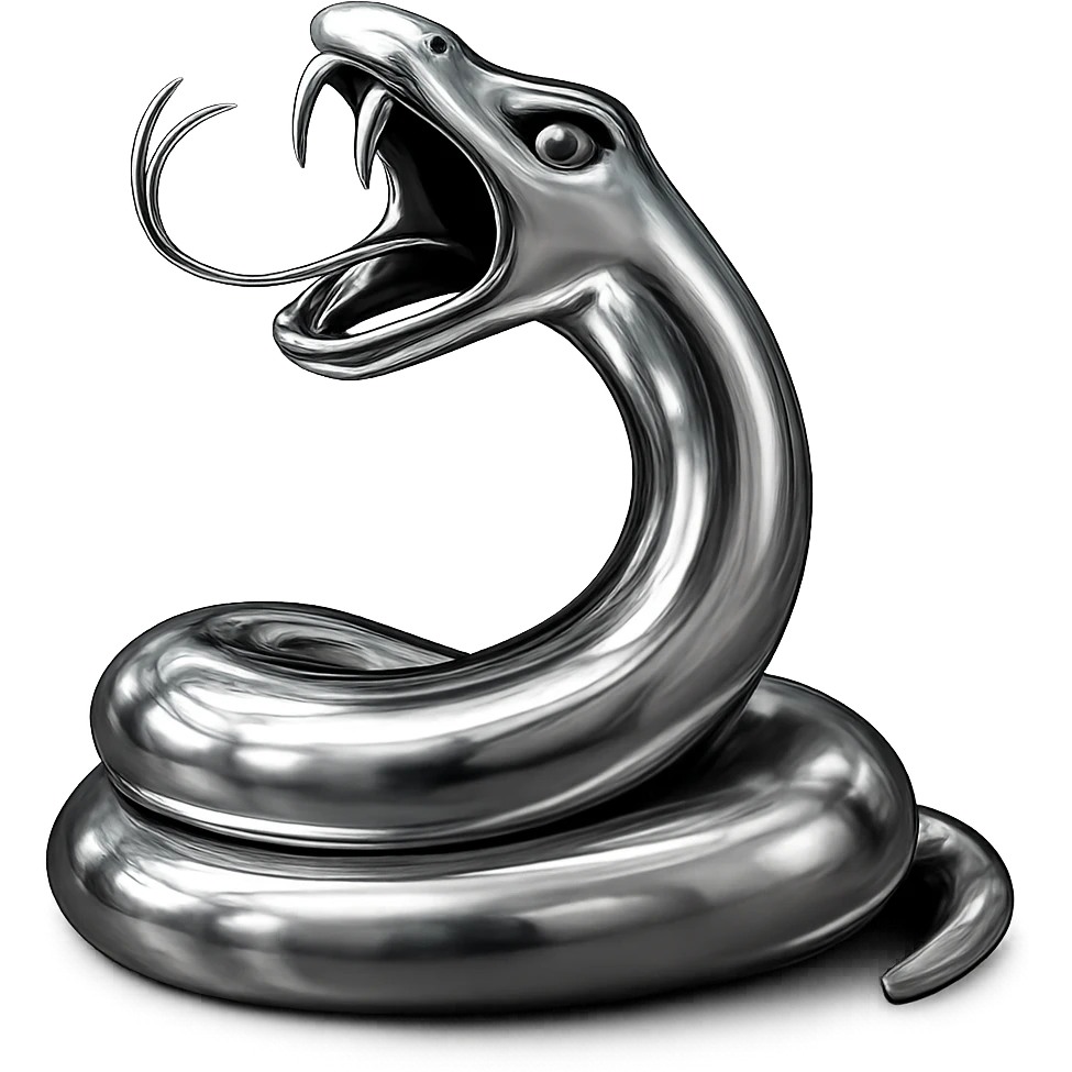 Transform this snake into a 3D chrome version with a shiny, metallic, highly reflective surface, keeping the same pose and expression. emoji
