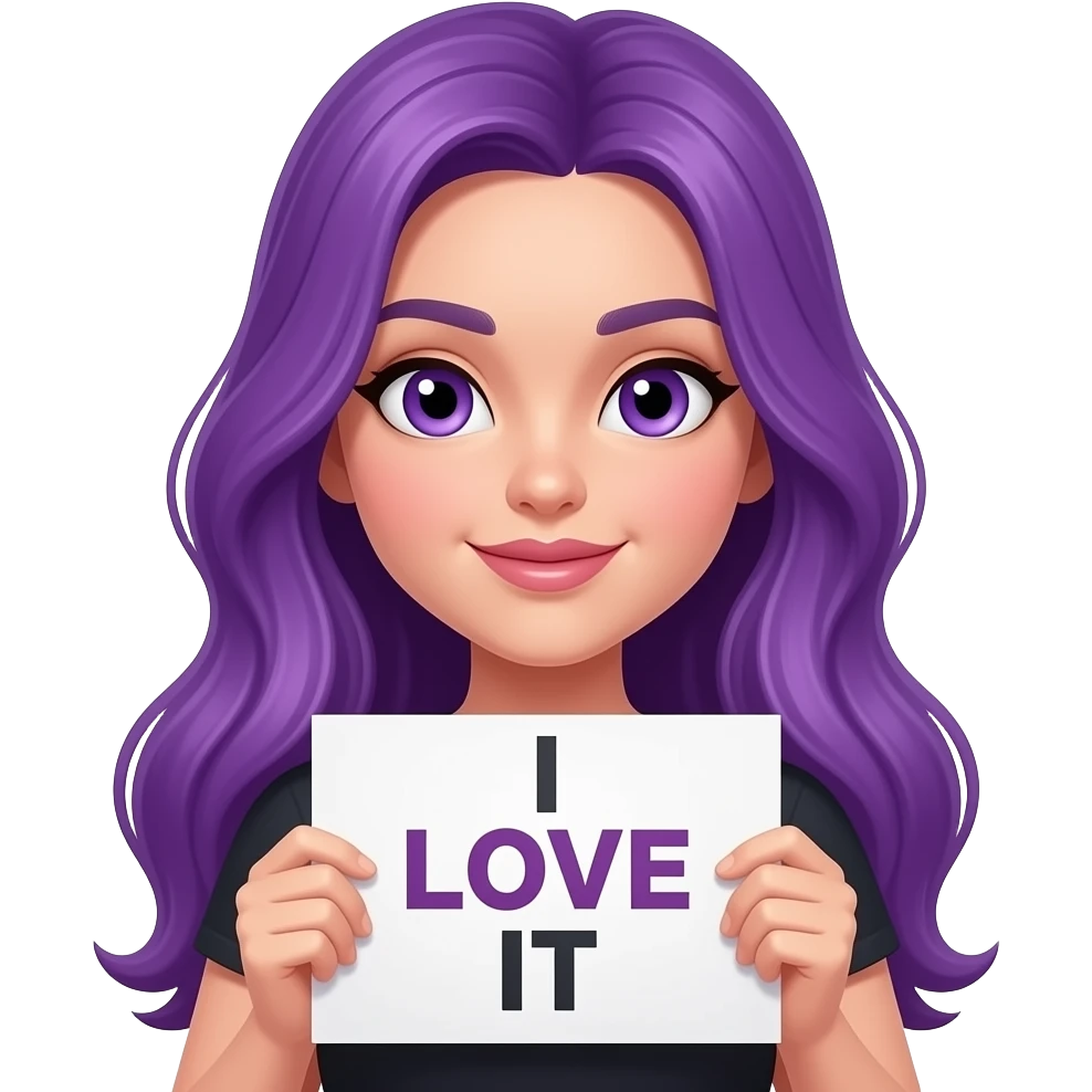 sexy girl with long purple hair and purple eyes holding I LOVE IT sign emoji