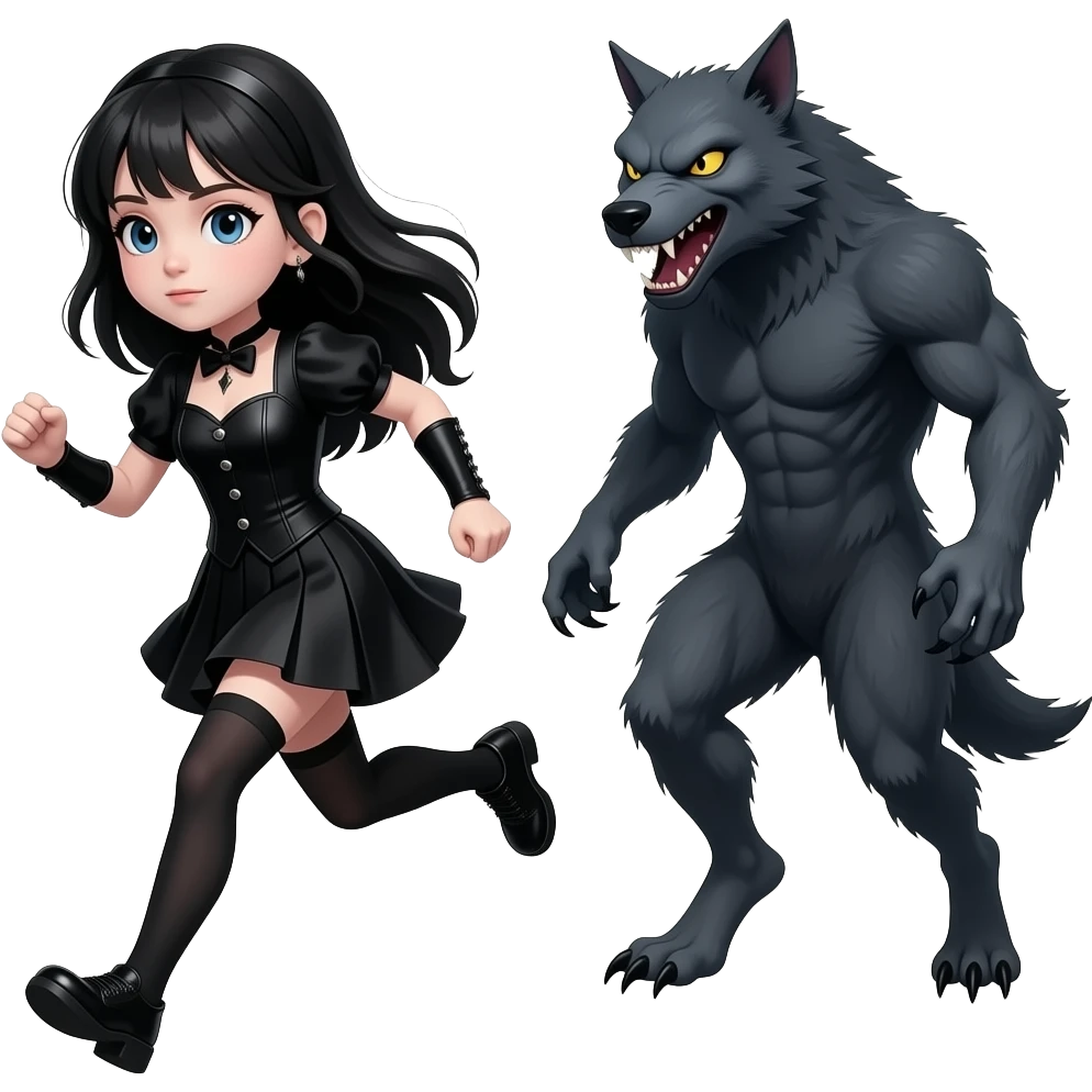 A dark gothic girl running away from werewolf fantasy realistic emoji