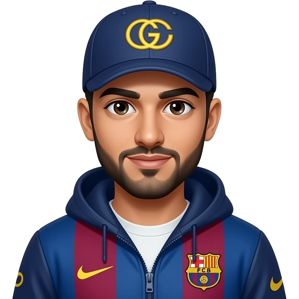 Arabe, sans barbe, queue de cheval, veste Barca, casquette Gucci emoji