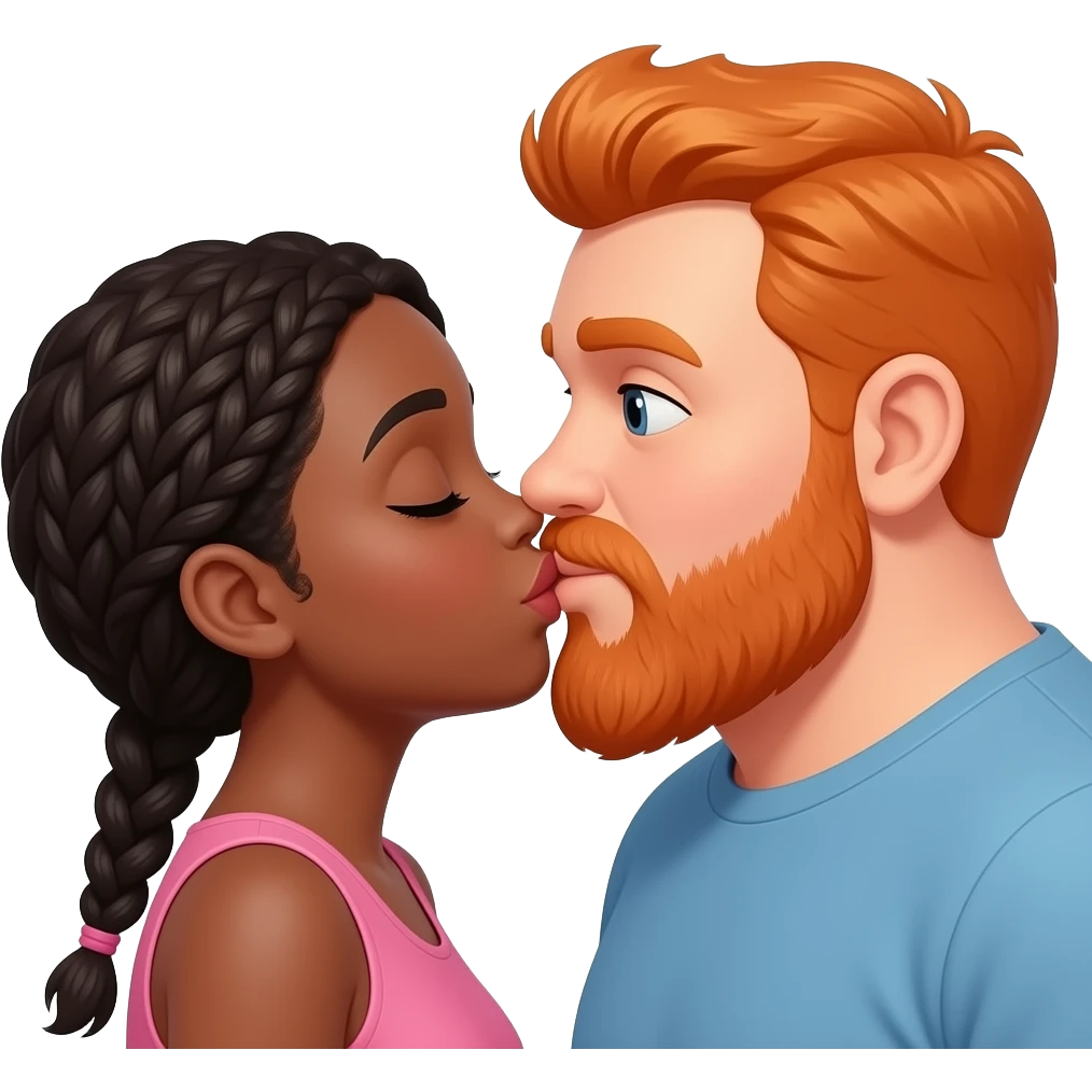 Black girl and orange chubby big head guy with beard kissing emoji