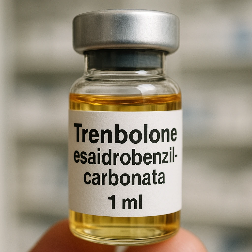 Create a realistic zoomed-in image of a vial labeled 'Trenbolone esaidrobenzilcarbonata'. The label should be clearly readable with the name 'Trenbolone esaidrobenzilcarbonata'. Show detailed features of the vial and the label. The background should be neutral or a blurred pharmacy setting. Maintain the realistic style as in the reference image. emoji