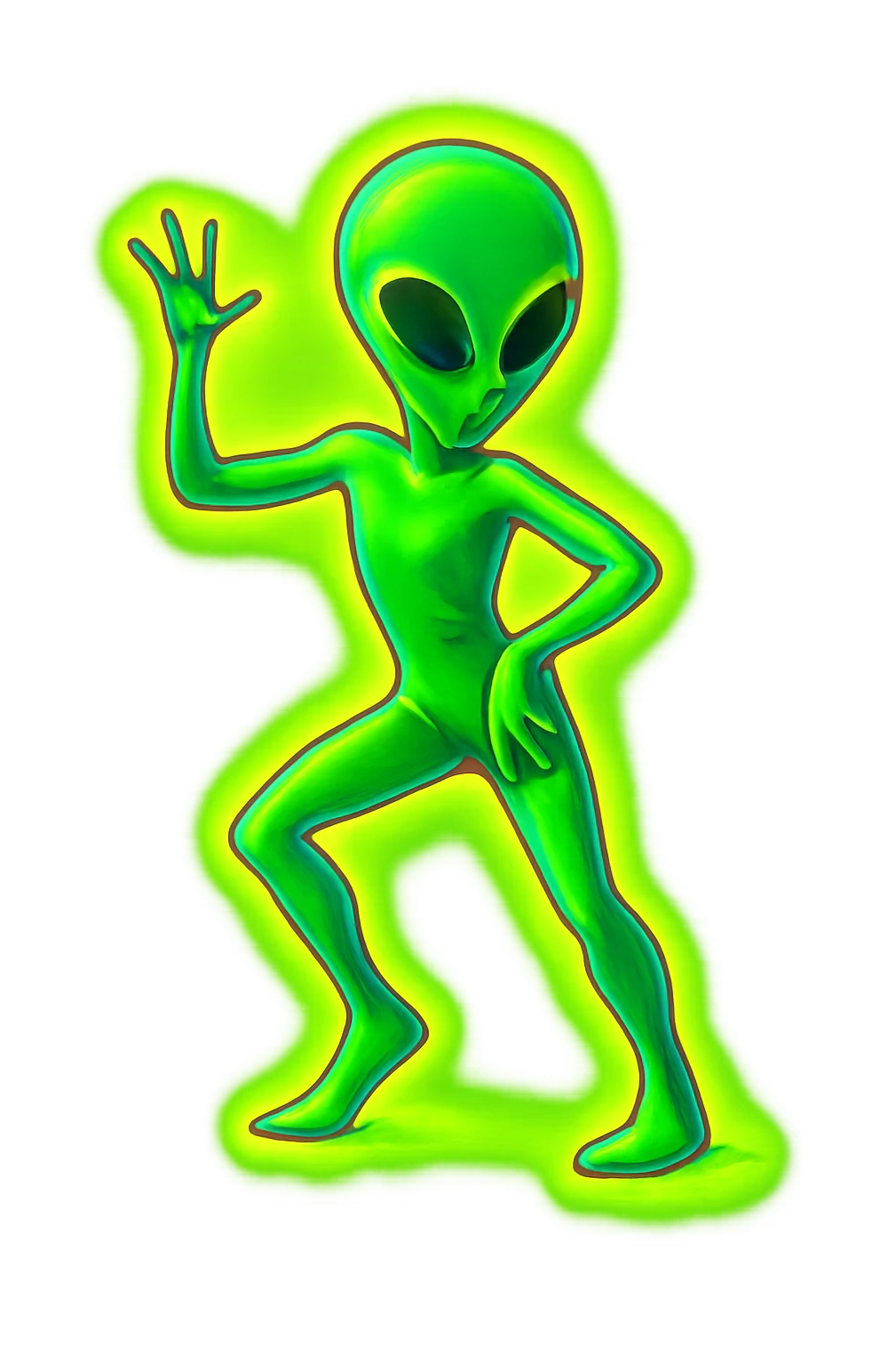 Edit the image of a dancing alien in neon green with a 3D effect and glowing background. Create a new pose. The image should be PNG with a transparent background, highlighting the 3D neon green glow and glowing background effect. emoji