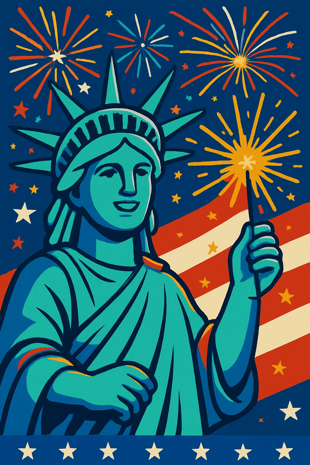 Add more fireworks behind the Statue of Liberty, keep the colorful 4th of July style with vibrant and bright fireworks illuminating the background behind the statue. emoji
