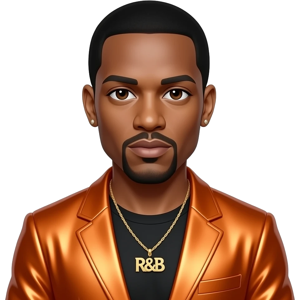 R. Kelly with dark brown eyes, black hair, orange metallic R&B outfit, necklace and earrings emoji