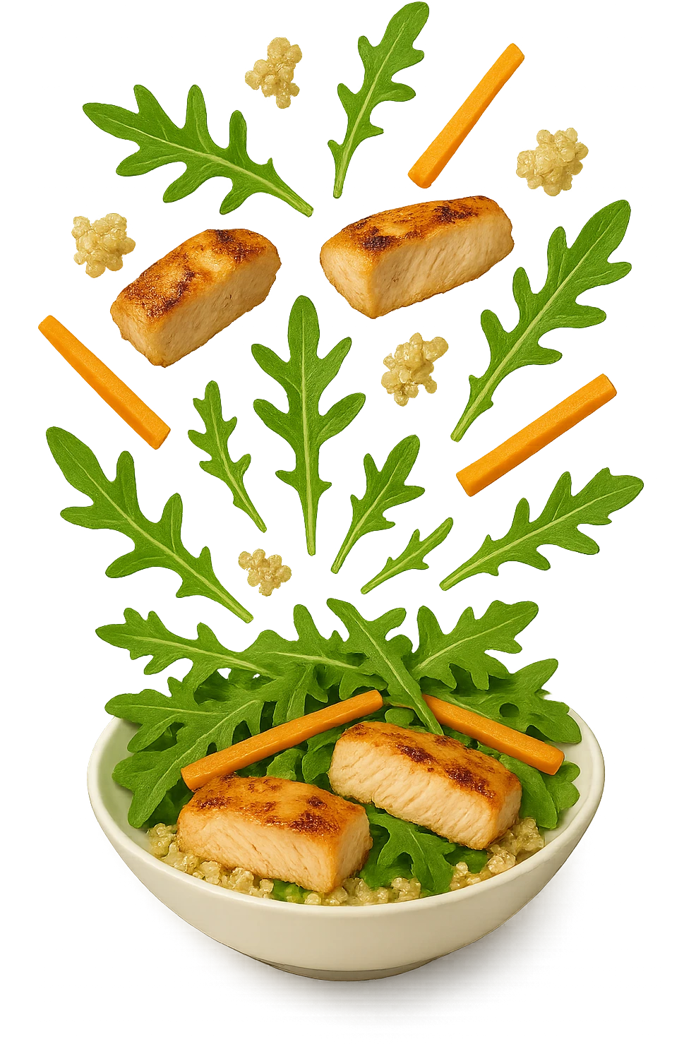 EMOJI STILE IPHONE DI Insalata di quinoa e pollo con rucola e carote che cade verticalmente dall'alto, iperrealistica 4k emoji