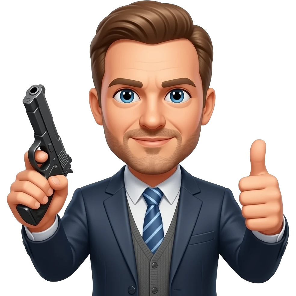 Pete hegseths face with him holding a pistol in one hand and giving a thumbs up with the other emoji