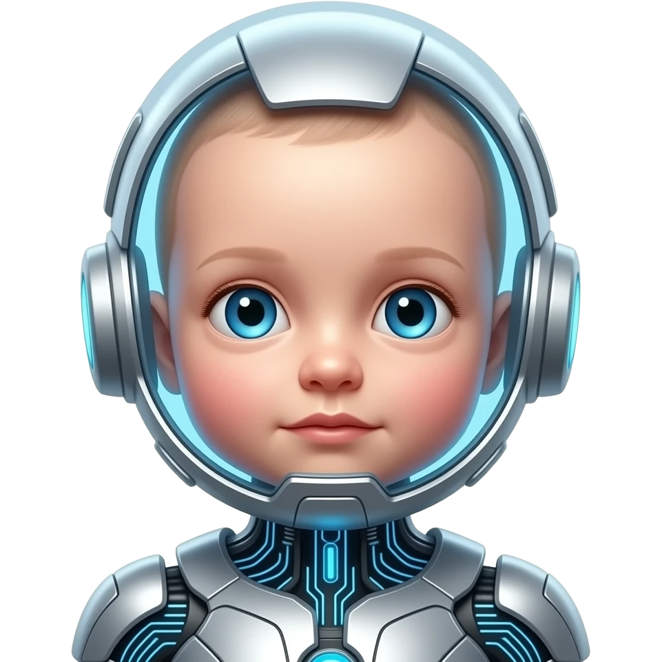This image is a piece of digital art depicting a futuristic fetus or cyborg infant encased in technology.  The subject appears to be integrated with electronic circuitry, resembling a human-machine hybrid. emoji