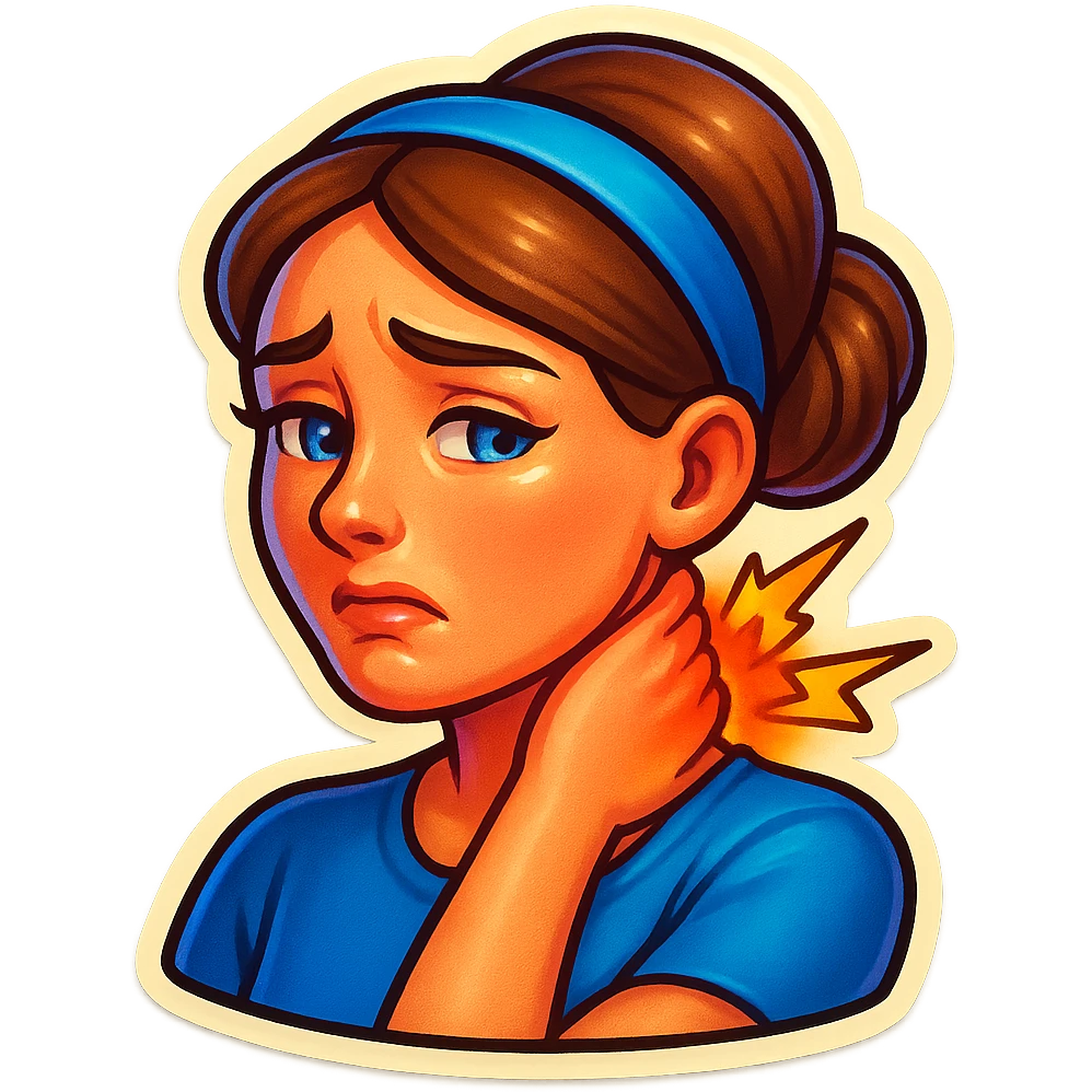 Modify the emoji to depict a female character holding her neck with one hand, clearly showing the location of neck pain. The character should have an expression of pain, medium-length brown hair tied in a low bun, and blue eyes. emoji