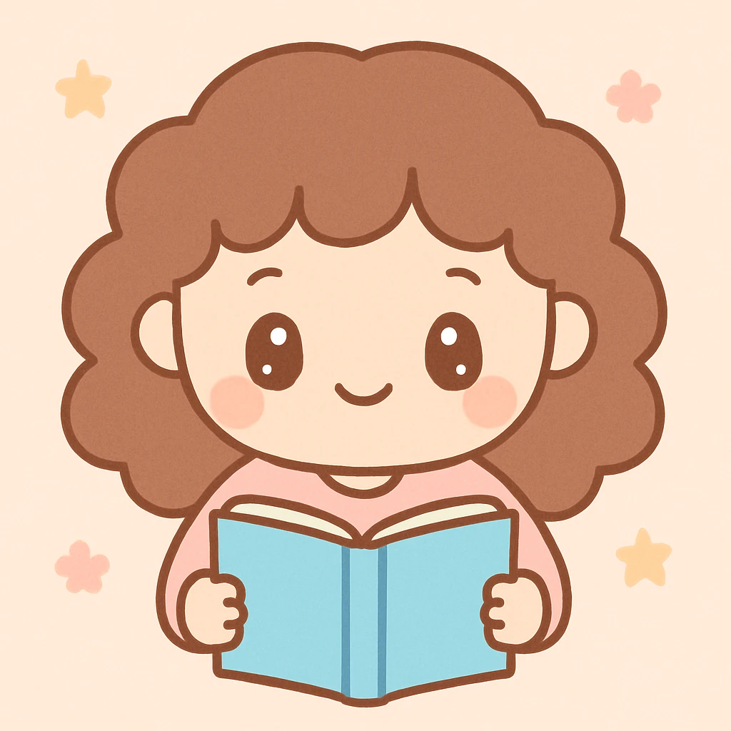 girl with brown curly hair reading a book, kawaii style emoji