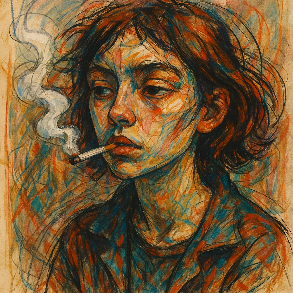a girl smoking, unique artistic style, expressive, detailed, creative emoji