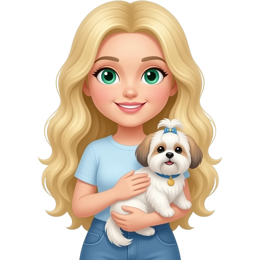 White woman with long blonde hair, green eyes, white dog shitzu emoji