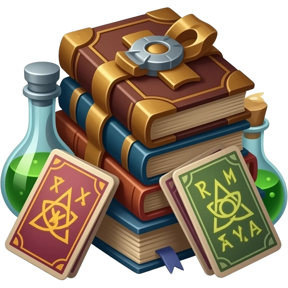 🛡️ An ancient-style pile of books and cards and potions, bound in dark wood, with glowing rune pages. emoji