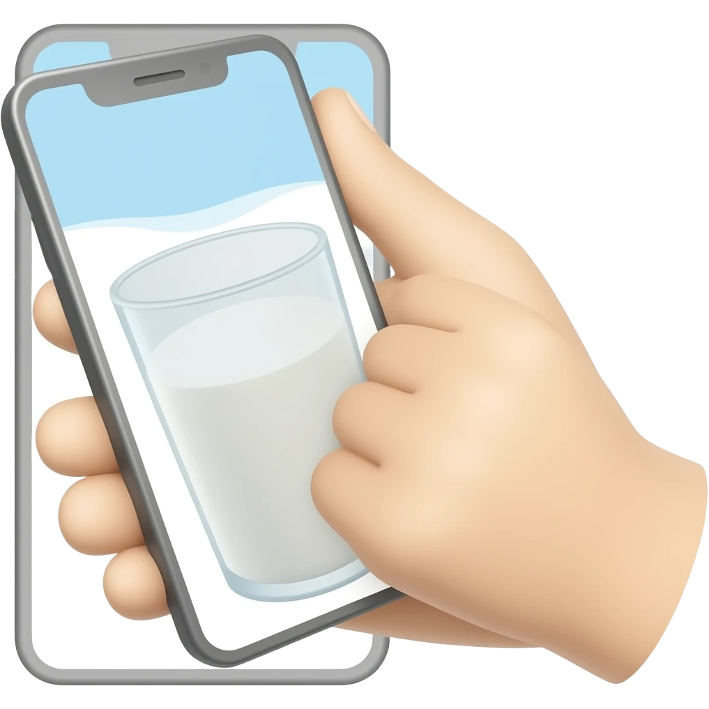 hand gripping a smartphone, phone camera pointed at a milk , scanning action, no text emoji