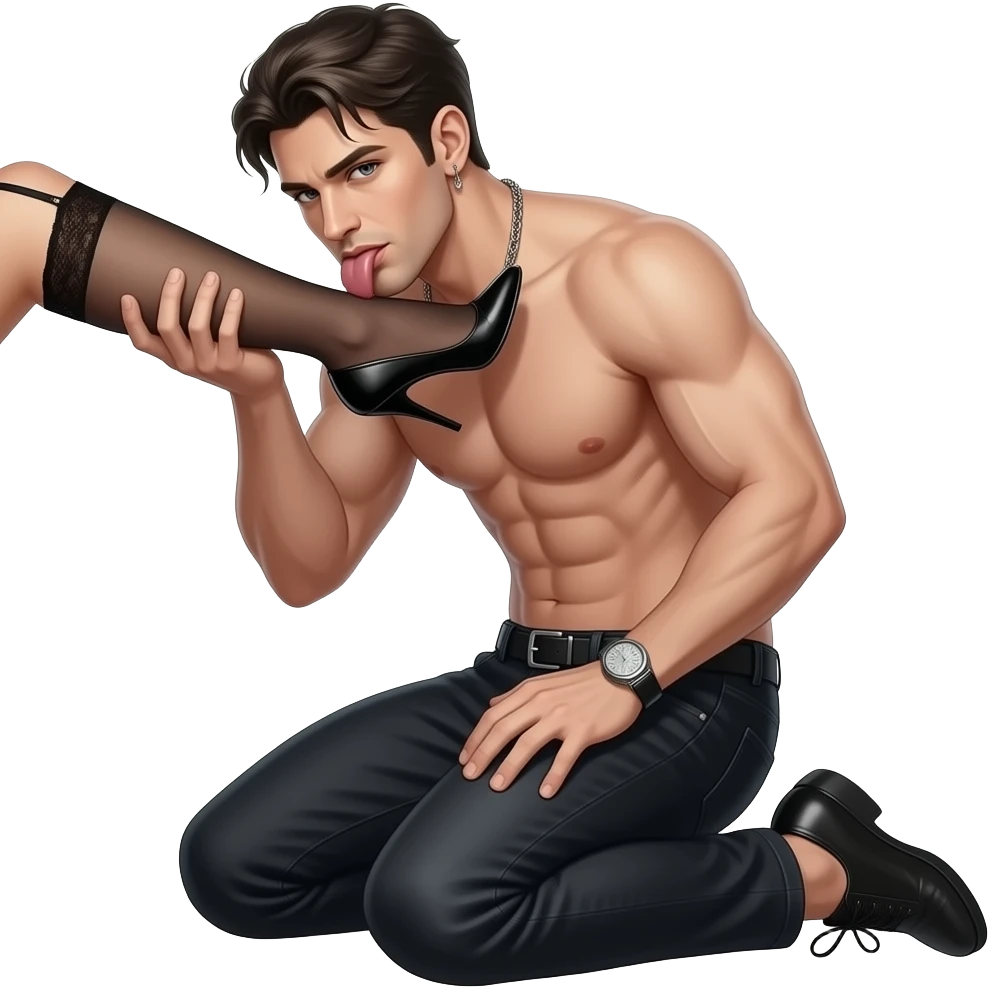 Sexy gothic man no shirt on his knees holding awomans leg and licking her foot emoji