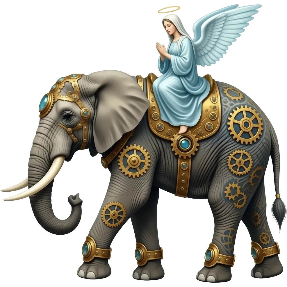 steampunk - a tattooed elephant with very thin long legs from Salvador Dali's paintings carries an ethereal Madonna on its back emoji