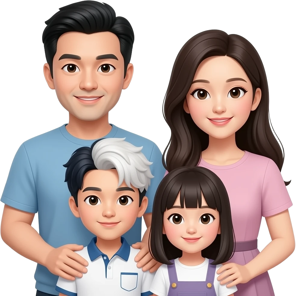 Asian Family of 4 (Dad w/ black & white hair, Mom w/ long hair, Son w/ Kpop hair, Daughter) emoji