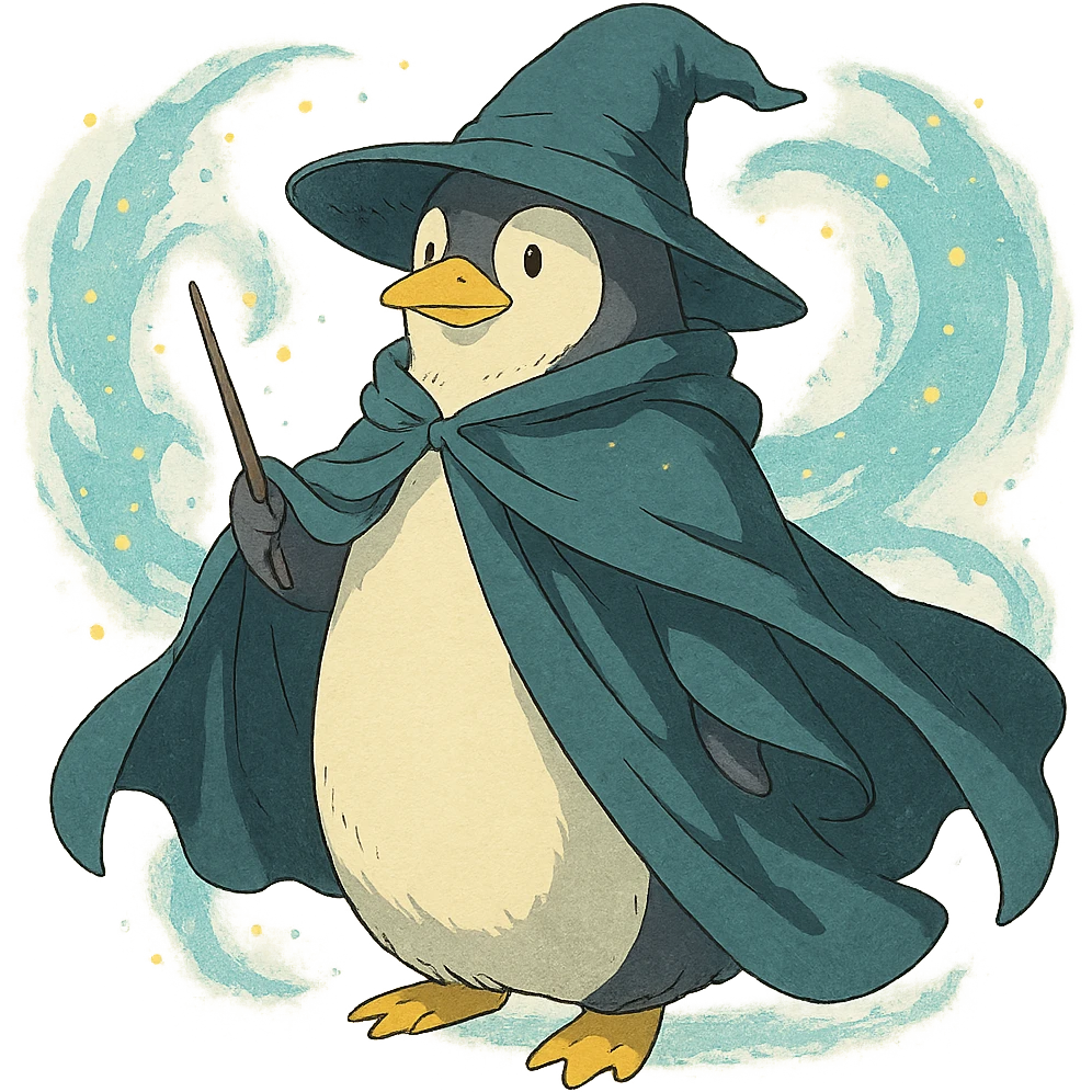 penguin wizard with a flowing cloak and magical aura emoji