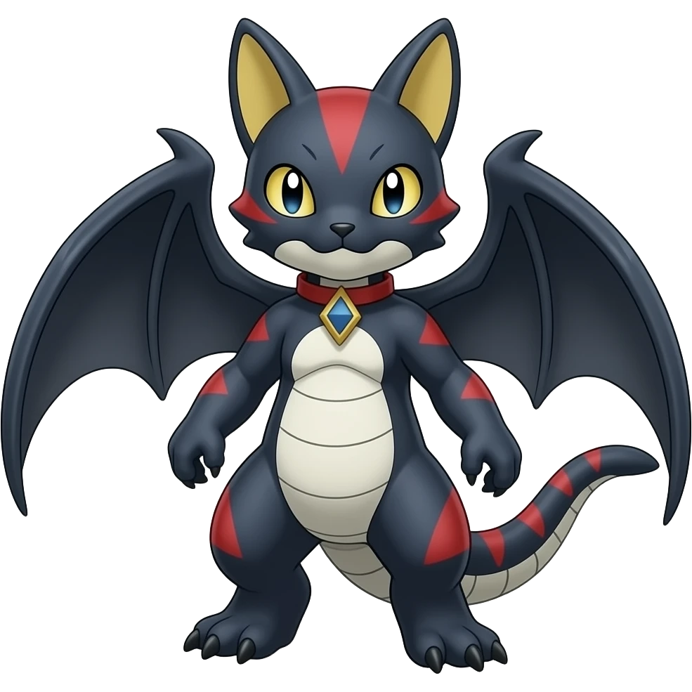 midnight blue-gray-black, with red markings, white belly, scaley Bastet-Noibat-Gatomon-Digimon-Fakémon-Pokémon-creature (full body) emoji