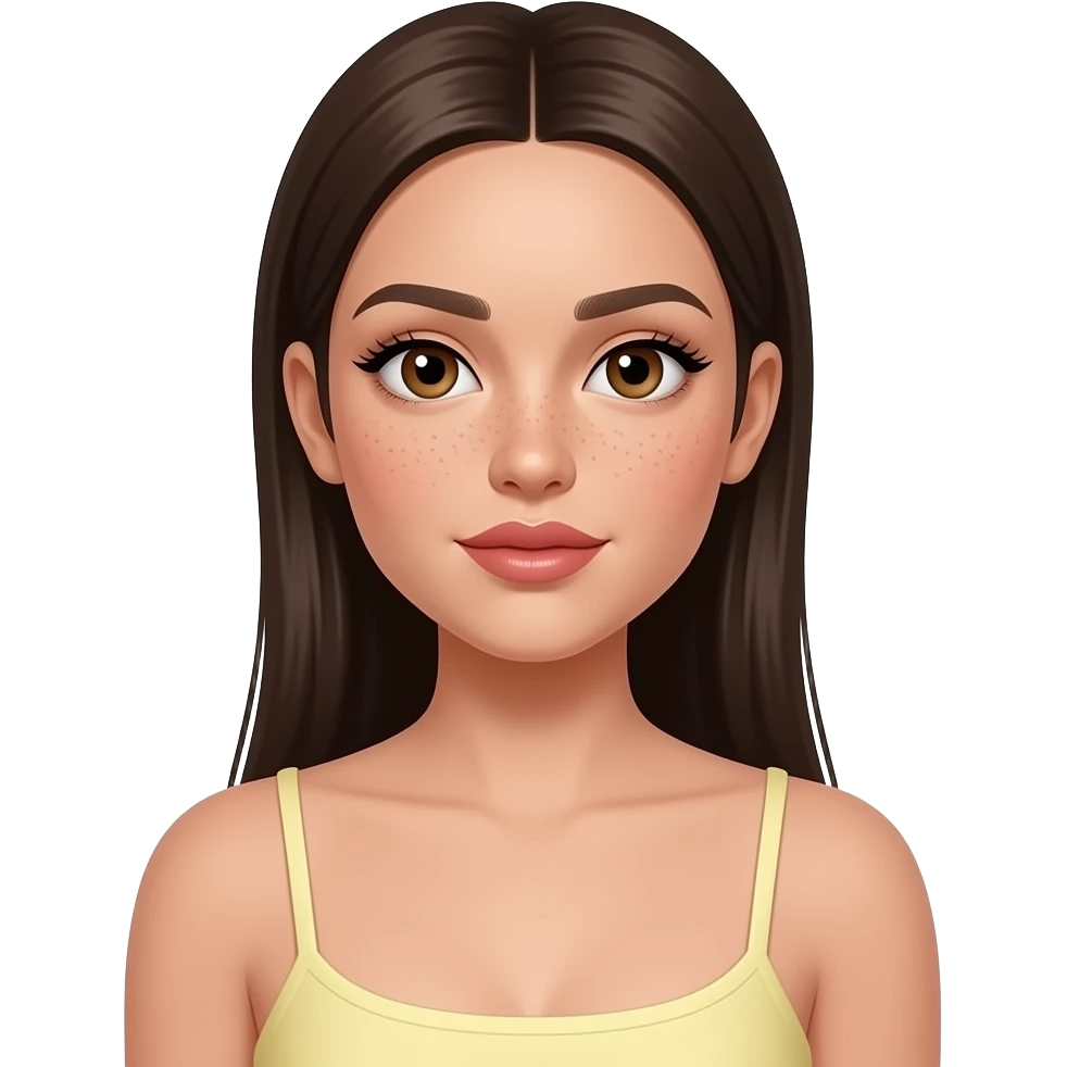 very light skin ,white girl thin, very beautiful woman, has a lot lot lot of visible freckles, with big plump lips, long long lashes, dark brown straight hair , brown eyes, light yellow tube top, no boobs emoji