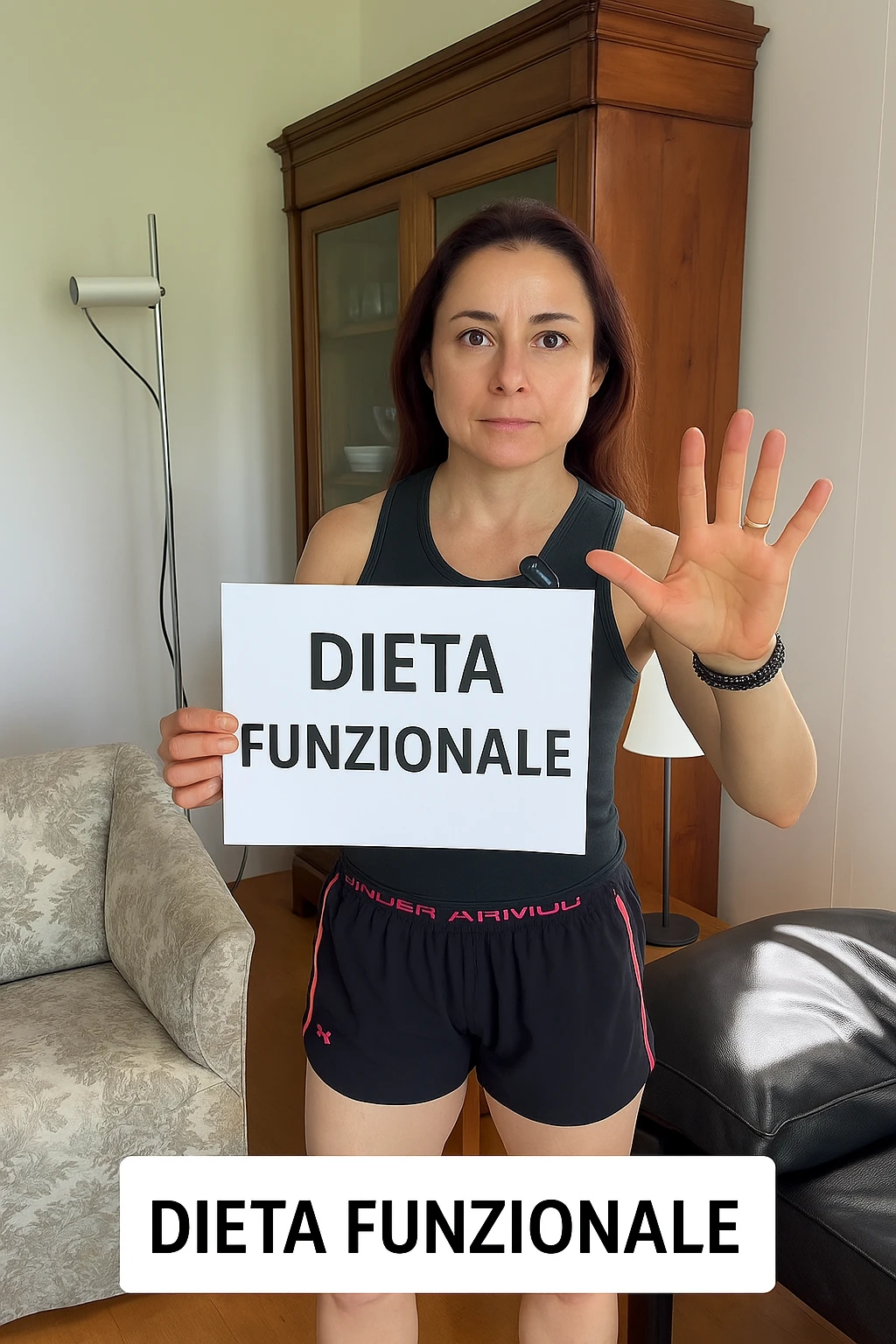 Donna con in mano una dieta con scritto "Dieta Funzionale" emoji