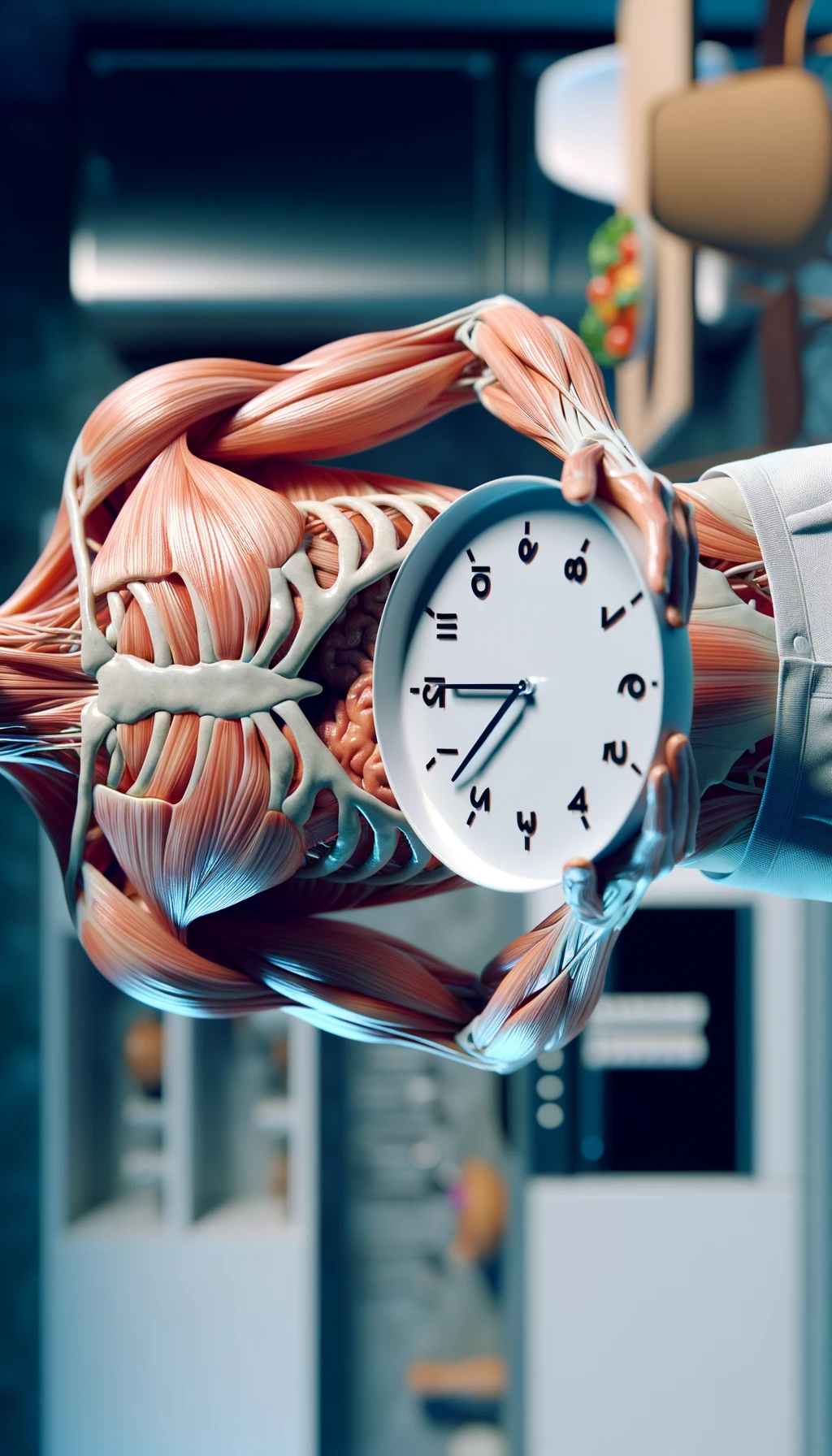 corpo umano anatomico, che tiene in mano un piatto bianco con la lancette di un orologio sopra, figura visibile fino ai fianchi, espressione del volto soddisfatta, sullo sfondo la sua cucina sfocata, iperrealistico 4k emoji