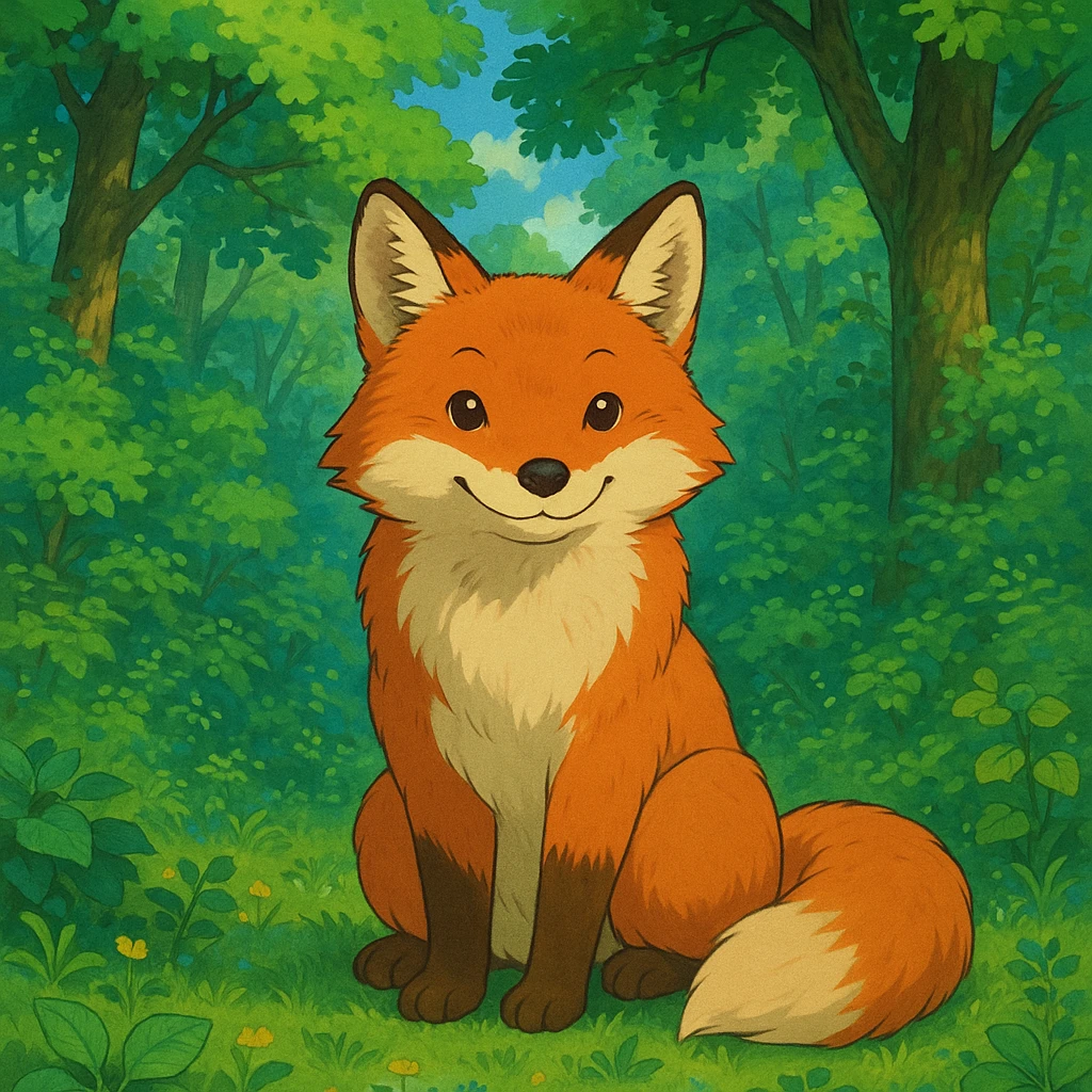 a friendly fox sitting in a lush green forest, ghibli style emoji