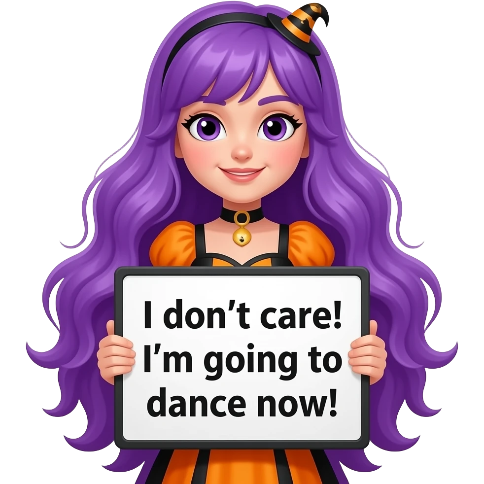 girl with long purple hair wearing a halloween costume holding a Mir DOCH EGAL! Ich gehe jetzt TANZEN! sign emoji