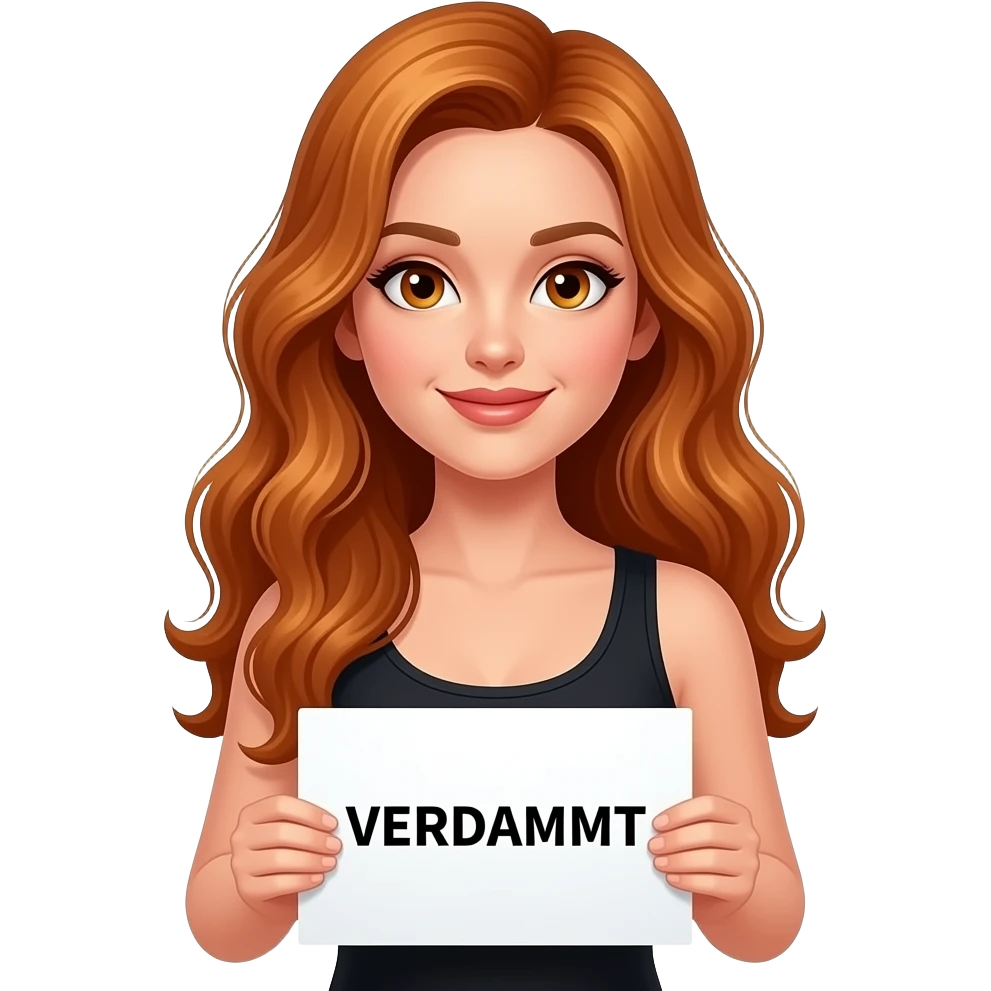 sexy girl with long wavy ginger hair and ginger eyes wearing a black tanktop is holding a white sign with VERDAMMT written on it emoji
