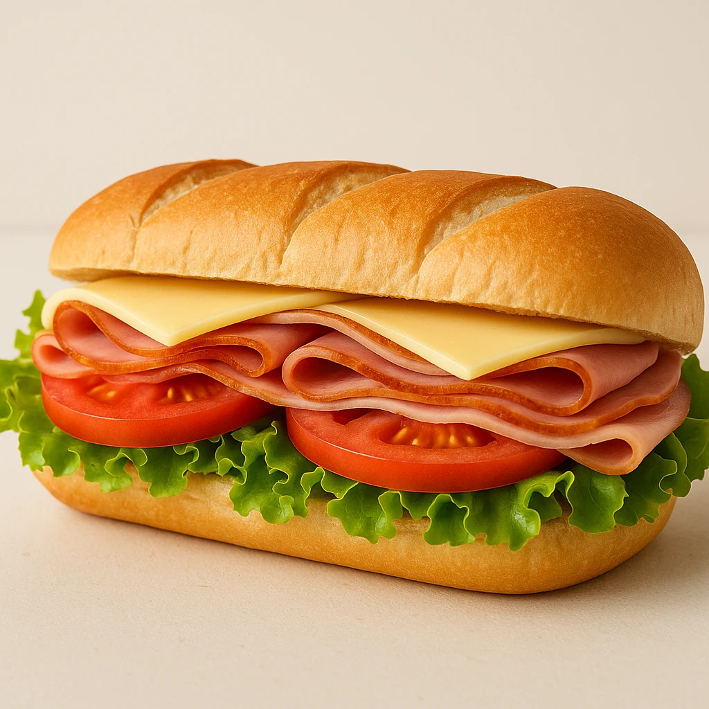 a classic sub sandwich with lettuce, tomato, deli meats, cheese, vibrant colors, simple background emoji