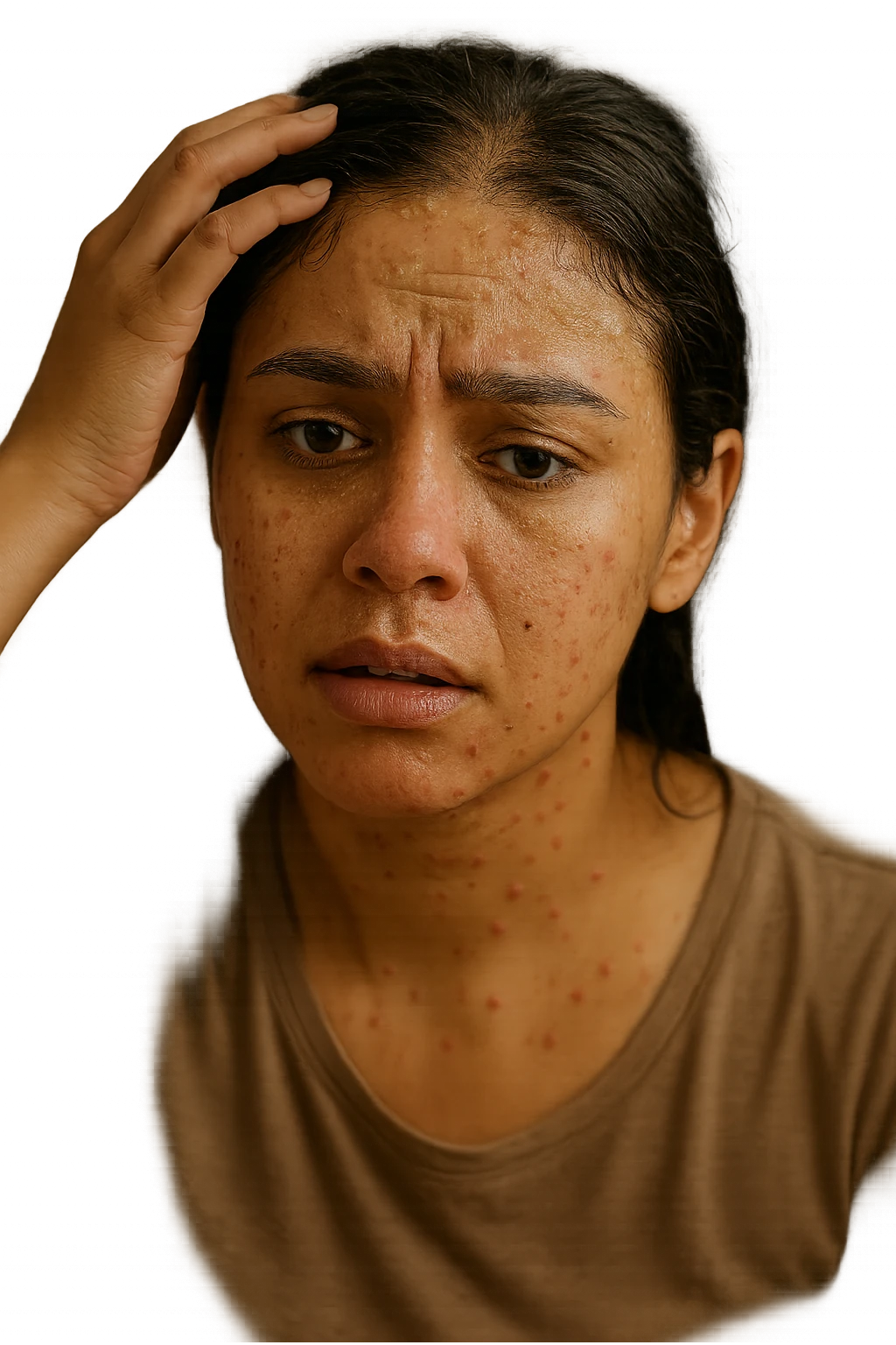 A highly realistic, cinematic close-up portrait of a young woman in her late 20s with medium skin tone, displaying visible folliculitis and seborrheic dermatitis. Small, red, inflamed follicular papules and pustules are scattered along her hairline, jawline, and upper neck, indicating folliculitis. Her scalp and areas around the nose and eyebrows show flaky, greasy yellowish scales, with redness and irritation, indicating seborrheic dermatitis. Her hair appears slightly greasy and clumps near the scalp, emphasizing excess sebum production. She gently touches her irritated scalp with concern while looking at herself in a softly lit bathroom mirror, expressing discomfort and frustration. The environment is neutral and clean, with daylight softly illuminating the scene to highlight the skin and scalp texture. The style is 35mm hyperrealistic, with warm neutral tones and shallow depth of field to maintain focus on her skin, inflammation, and emotional expression, visually explaining the physical discomfort and aesthetic concerns of living with folliculitis and seborrheic dermatitis emoji