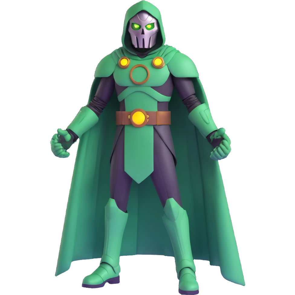 Doctor Doom standing tall with glowing green eyes behind his metal mask, full body view emoji