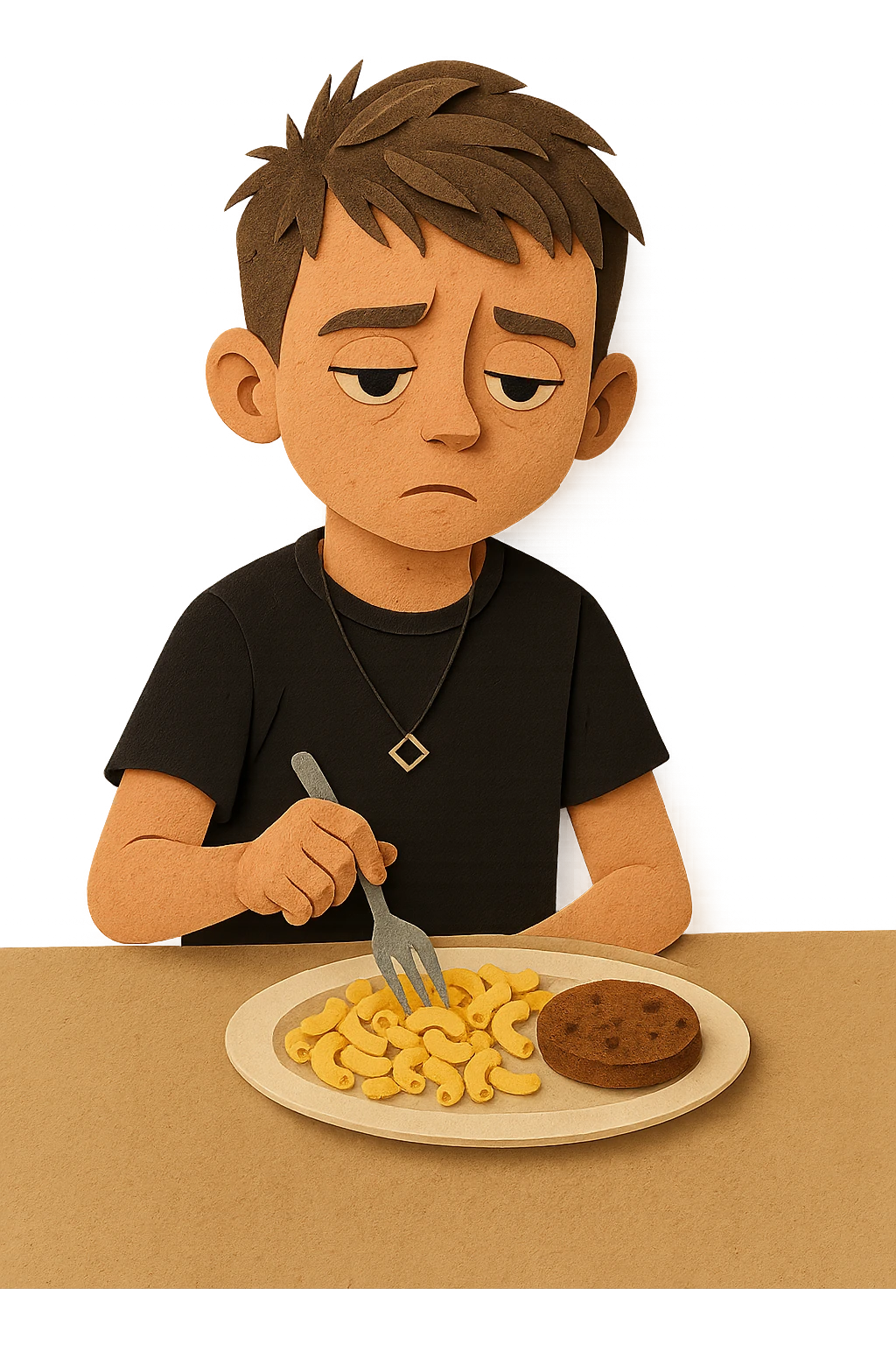 A stylized 3D child version of the person in the reference photo, around 6 years old, is sitting at a table. He looks bored, staring at a plate of macaroni and a meat patty, absentmindedly poking the macaroni with a fork. Keep the pose relaxed and the expression subtly disinterested. The style should be semi-realistic 3D, soft lighting, clean detail emoji