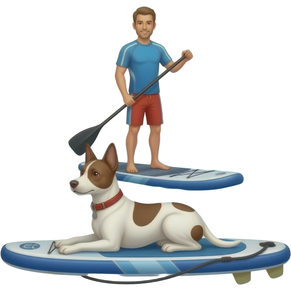 A white-coffee coloured slim Podenco (joung adult) is lying down sphinx like on a sup in front front of a real paddling paddler on the same sup-board in real proportions on sea emoji