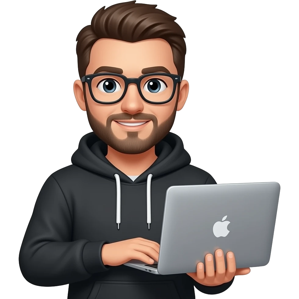 full stack developer, wear a black hoodie, glasses he had ancre barb style and he takes a macbook emoji