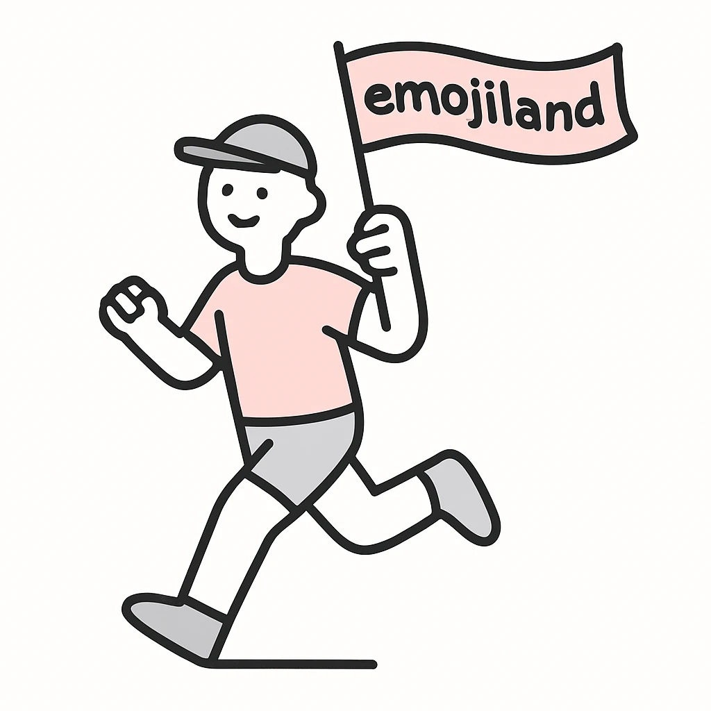 happy runner waving a flag that says 'emojiland' emoji