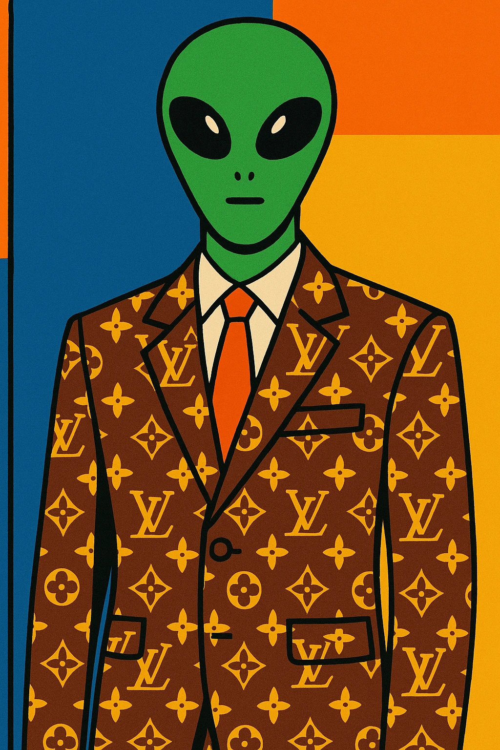 Green tall alien wearing Louis Vutton suit emoji
