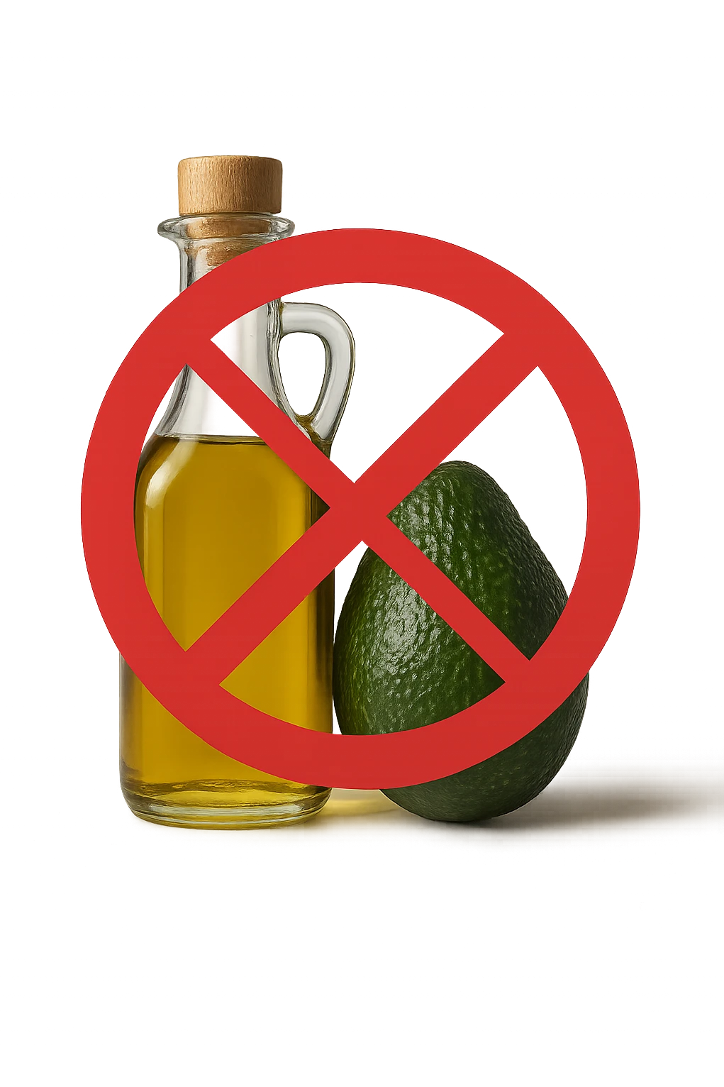 BOTTIGLIA DI OLIO EVO E AVOCADO CON DIVIETO SOPRA,  iperrealistico 4k emoji