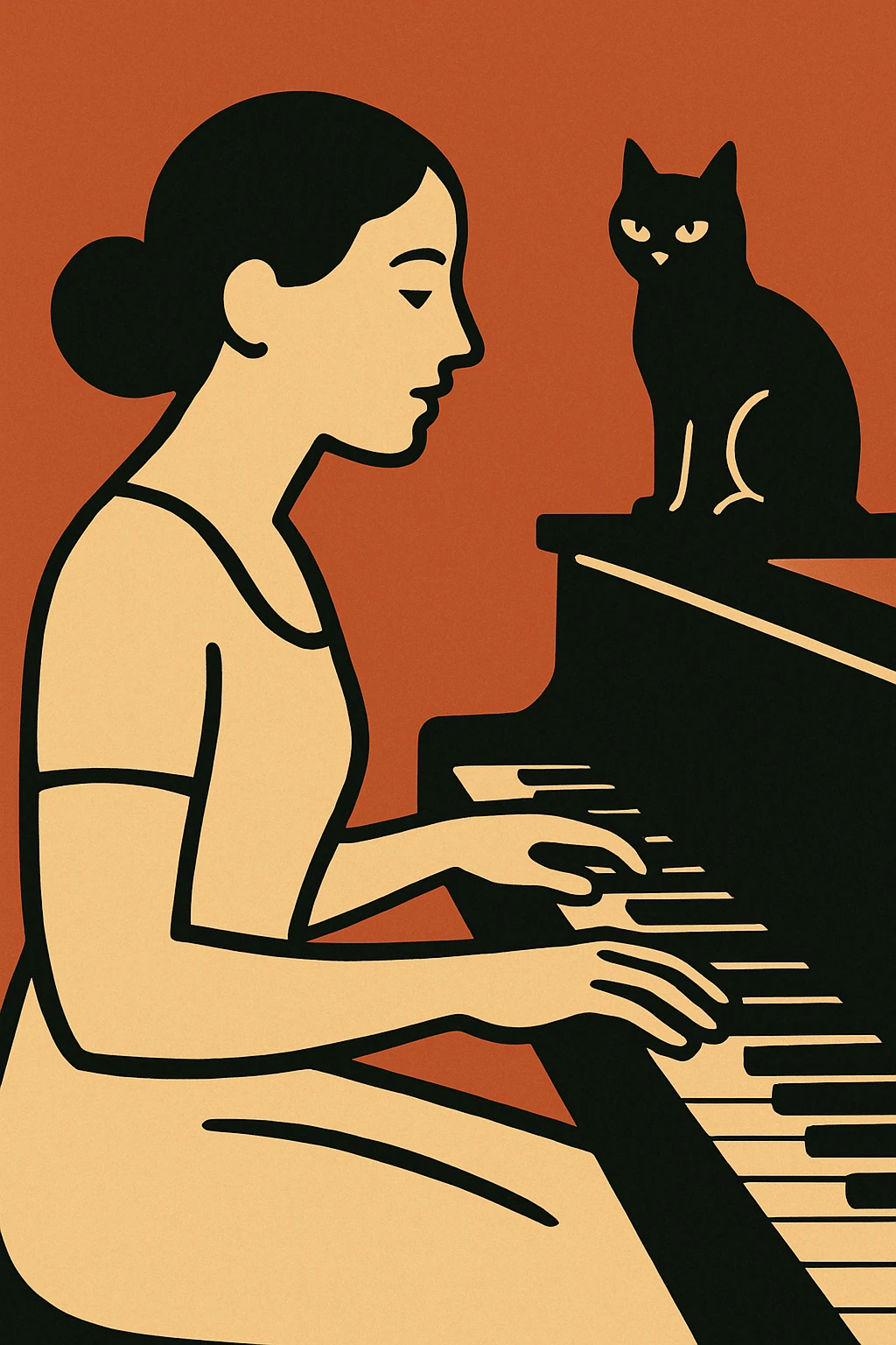 woman playing piano while her cat sits on top of the piano emoji
