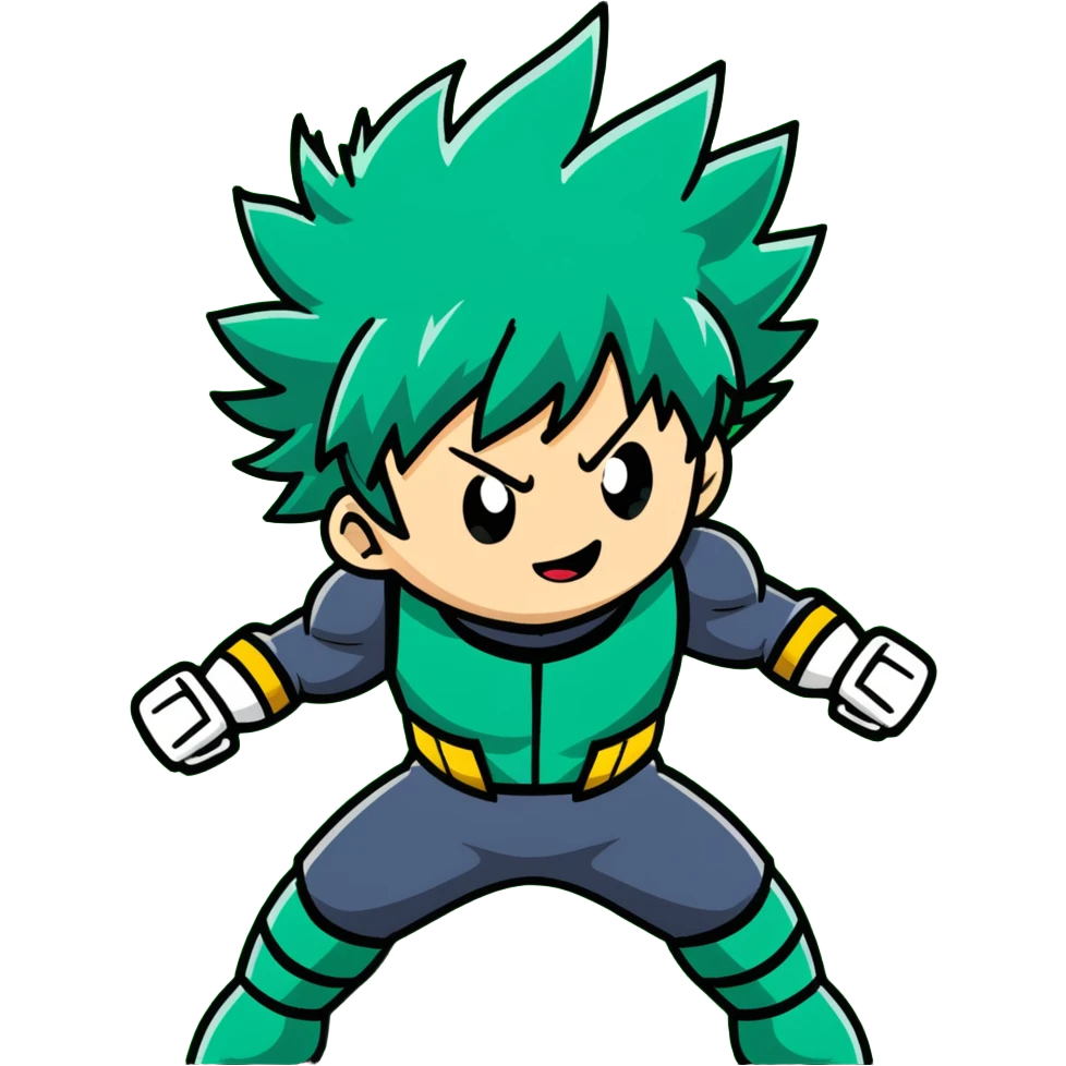 Izuku Midoriya (Deku) from My Hero Academia using One For All power with green lightning emoji