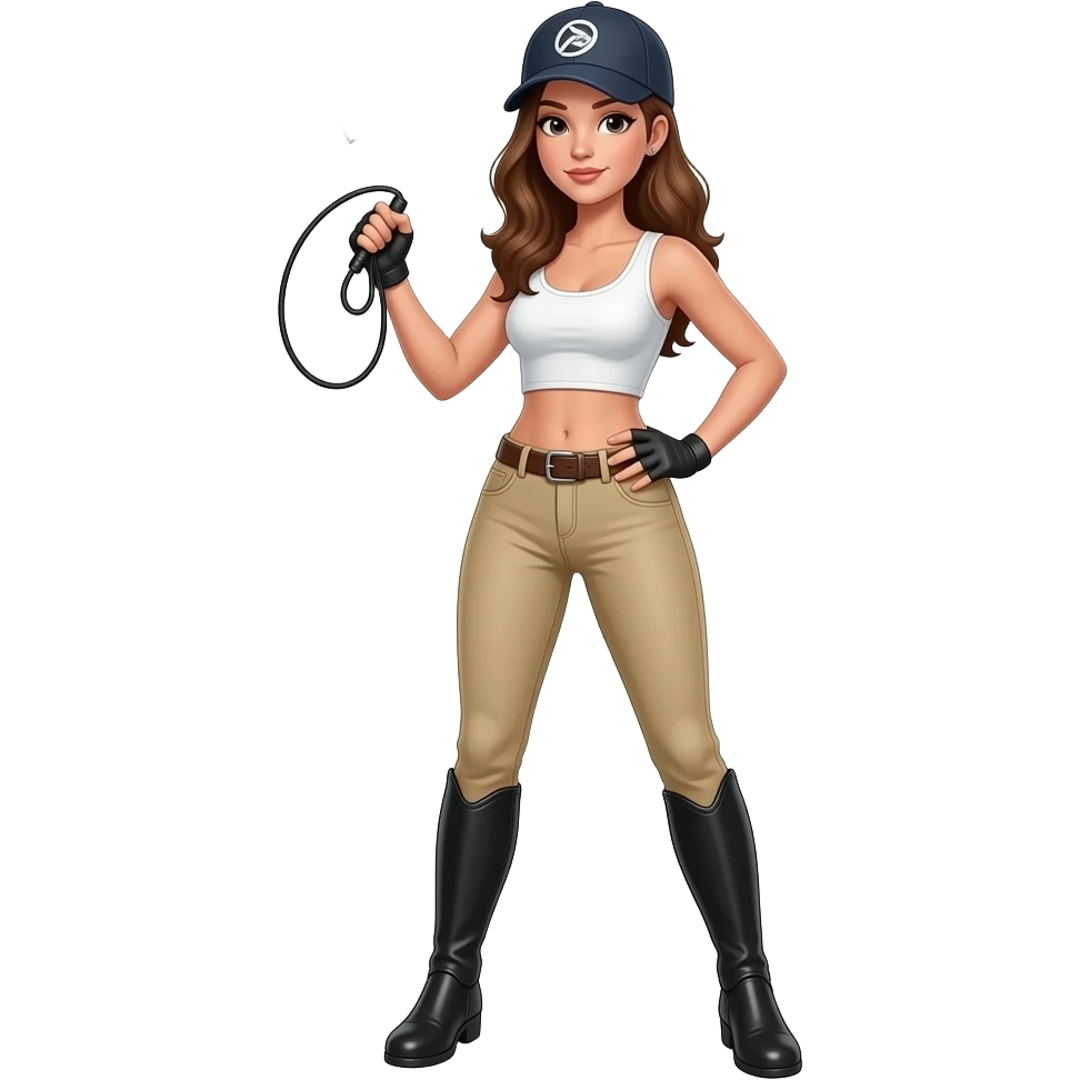 woman in beige riding jodhpurs, white crop top, and baseball cap, cracking a bullwhip in one hand, and her other hand on her hip, standing with her legs apart emoji