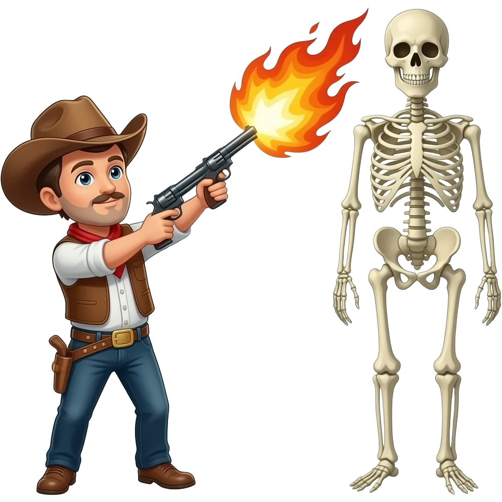 emoji with cowboy hat shooting it's guns in the air with a fireball exploding a skeleton emoji