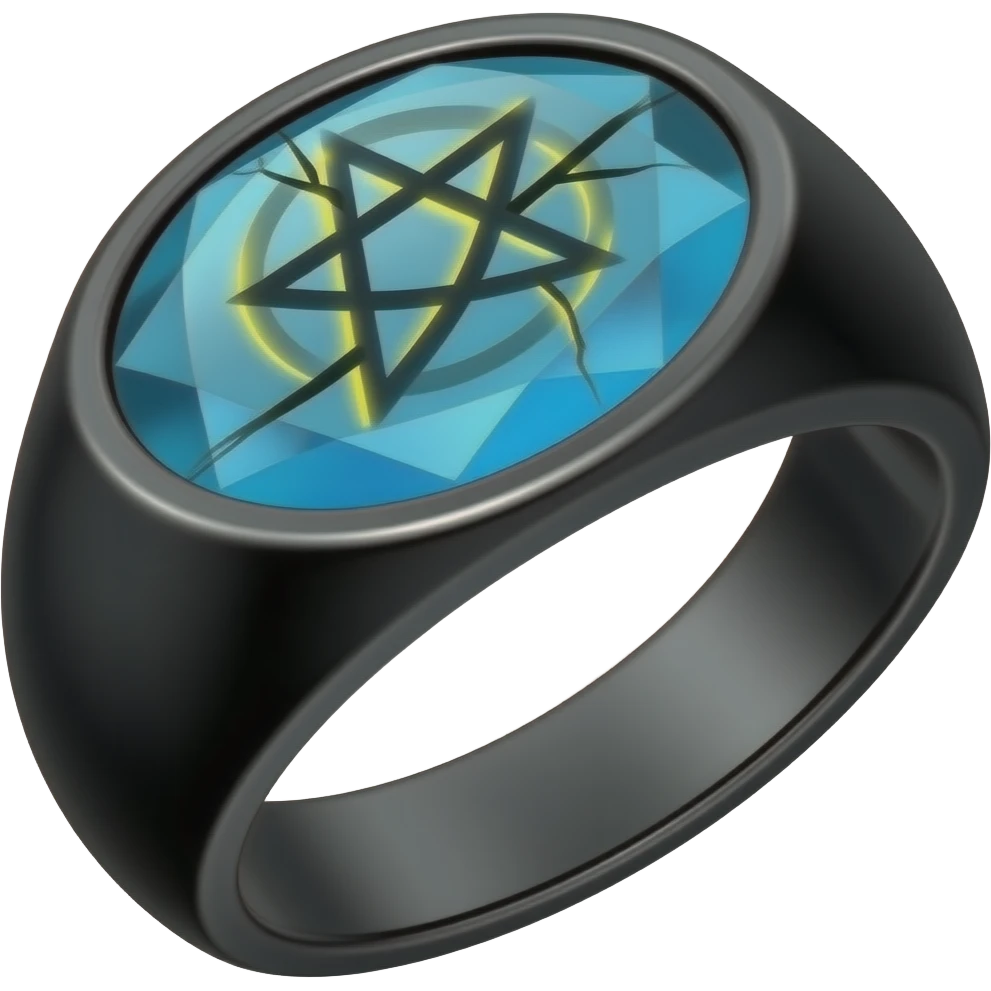 A black ring with with a large gem that's blue with a crack in it that glows yellow that has a pentacle carved into the gem emoji