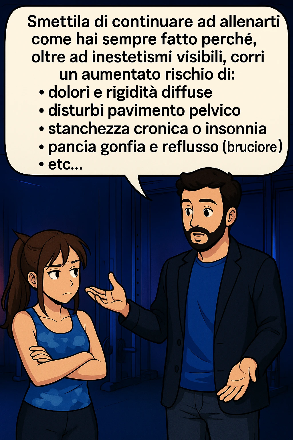 TRASFORMA QUESTO CAROSELLO IN UN FUMETTO STILE MANGA A COLORI CON QUESTE DUE PERSONE IDENTICHE CHE INTERLOQUISCONO TRA LORO, LA DONNA HA UN ESPRESSIONE PENSIEROSA MENTRE LO ASCOLTA:

LUI (UOMO): Smettila di continuare ad allenarti come hai sempre fatto perché, oltre ad inestetismi visibili, corri un aumentato rischio di:
    • dolori e rigidità diffuse
    • disturbi pavimento pelvico
    • stanchezza cronica o insonnia
    • pancia gonfia e reflusso (bruciore)
    • etc…

 emoji