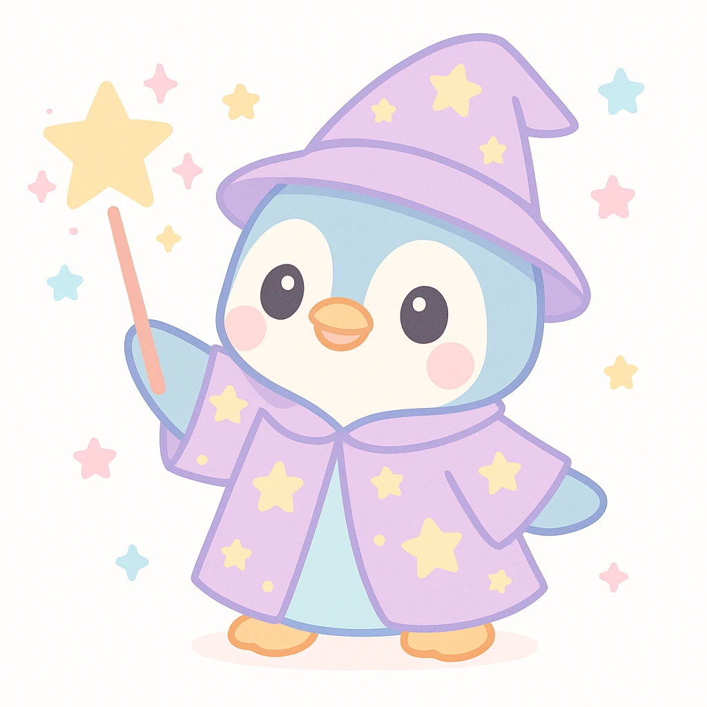 cute penguin wizard casting a spell, wearing a starry robe and holding a wand emoji