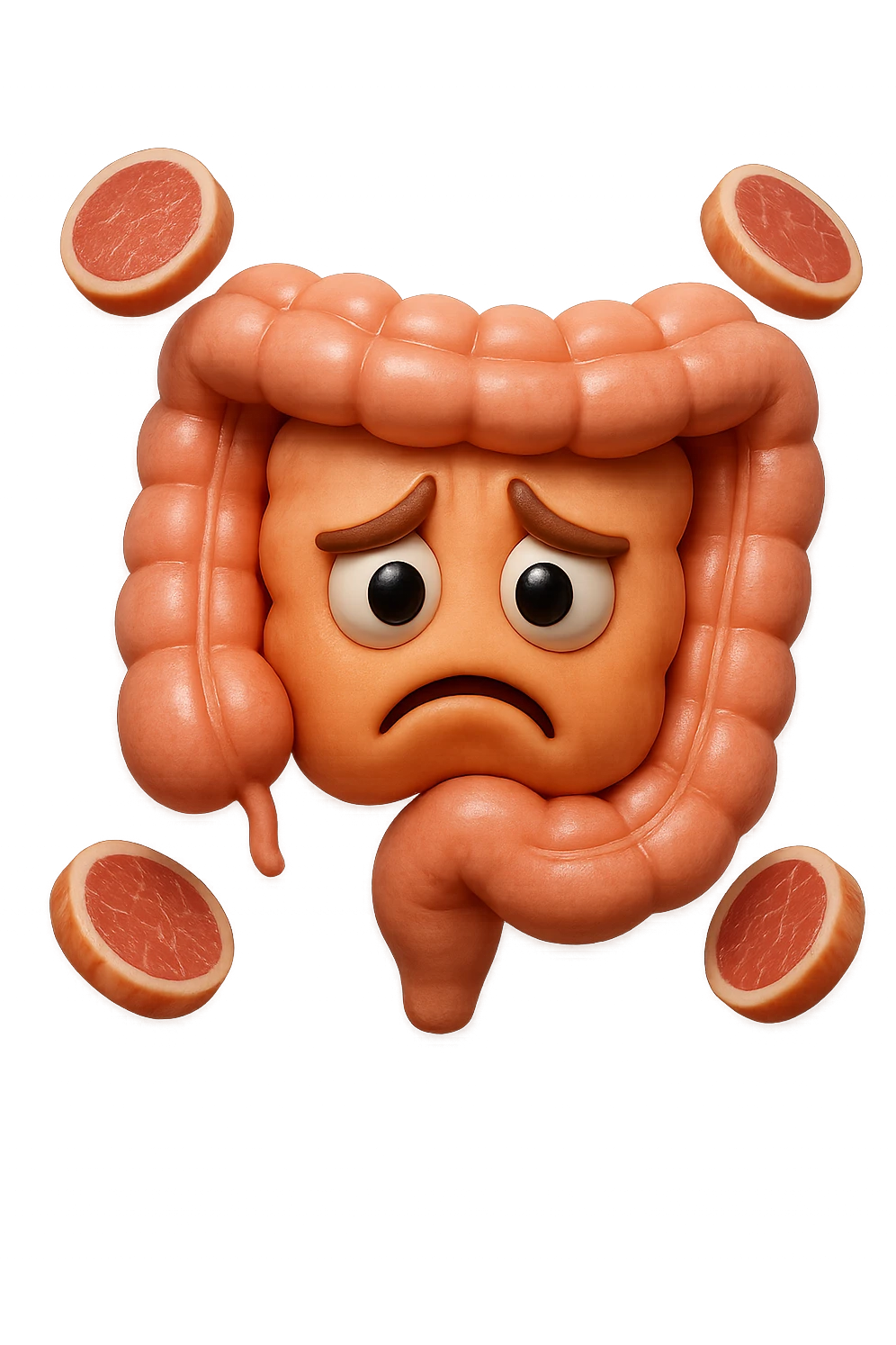 emoji stile iphone in 3d di un intestino triste con fette di carne che gli fluttuano intorno, gli occhi falli con la parte bianca pure, iperrealistico 4k emoji