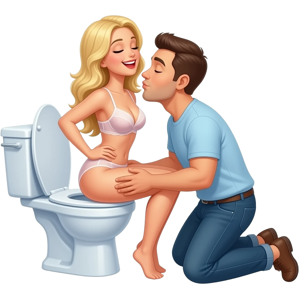 White blonde woman in lingerie sits backwards on open toilet spreading her butt cheeks open while man kneels behind her kissing her butt. Eyes closed smiling emoji