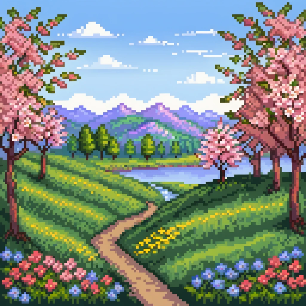 Spring landscape with blooming cherry trees, colorful flowers, and green grass emoji