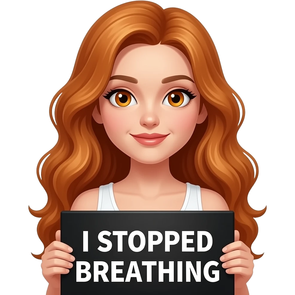 sexy girl with long wavy ginger hair and ginger eyes wearing a white tanktop is holding a black colored sign with I STOPPED BREATHING... written on it emoji