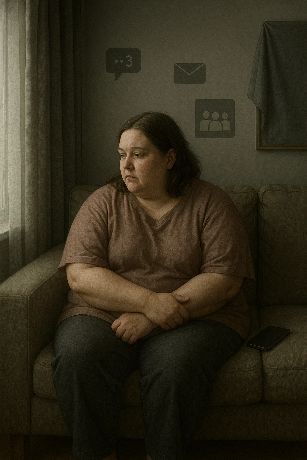 Donna tra i 30 e i 40 anni seduta sola su un divano, con espressione malinconica e corpo visibilmente appesantito. Indossa abiti larghi, avvolgenti, e guarda fuori dalla finestra mentre il telefono è spento o con notifiche ignorate accanto a lei. Sullo sfondo, si notano segnali di vita sociale assente: messaggi non letti, inviti ignorati, foto di gruppo a cui non partecipa. L’atmosfera è silenziosa, con luce grigia e ambiente spento. Intorno a lei, simboli di ritiro e insicurezza: tende chiuse, specchio coperto, postura chiusa. Stile realistico, tono delicato ed emotivo emoji